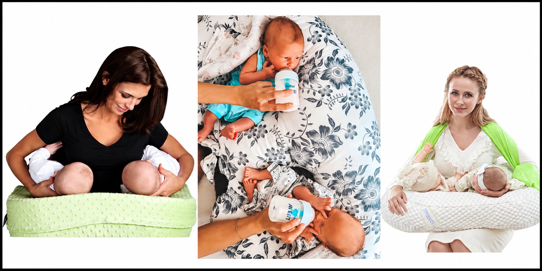 Trois photos montrent des femmes nourrissant deux bébés à la fois, avec des coussins d’allaitement pour jumeaux vert, fleuri et blanc.