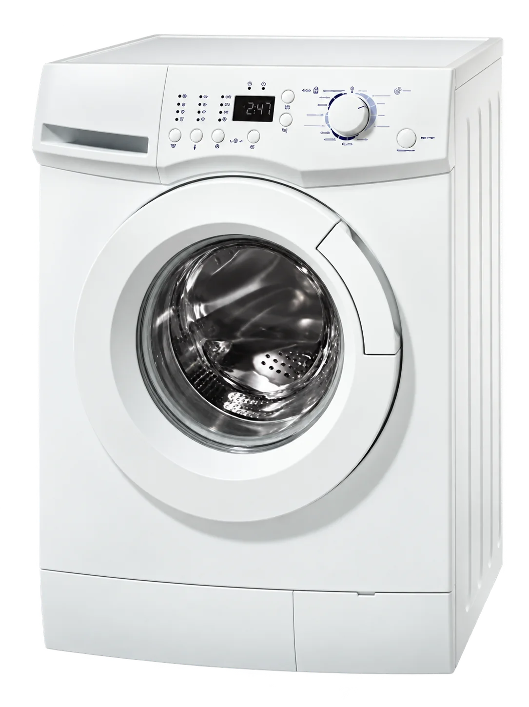 Un lave-linge blanc à chargement frontal, avec hublot rond, afficheur numérique et sélecteur de programmes.