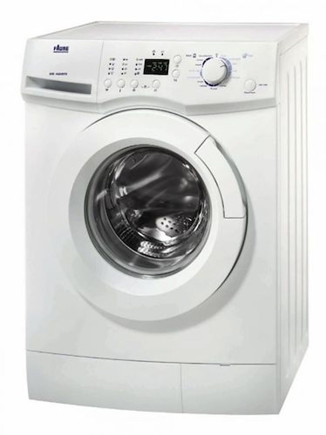 Un lave-linge blanc à chargement frontal, avec hublot rond, afficheur numérique et sélecteur de programmes.
