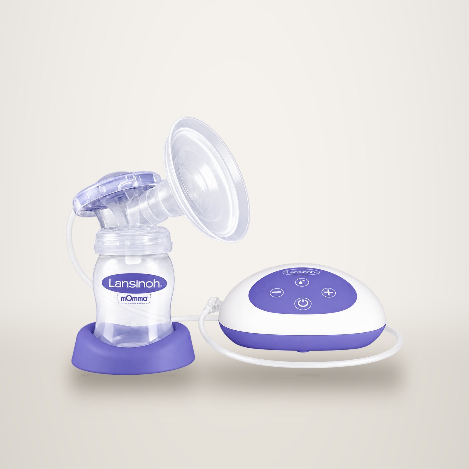 Tire-lait électrique Lansinoh blanc et violet avec biberon et boîtier de commande, sur fond de studio.