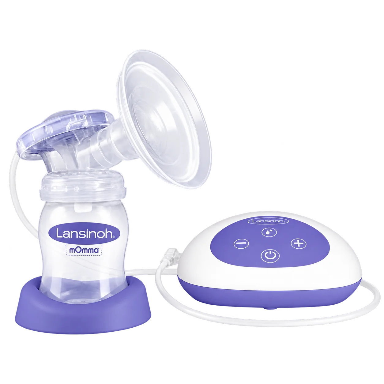 Un tire-lait électrique Lansinoh blanc et violet, avec biberon mOmma sur son support et boîtier de commande relié par un tube.